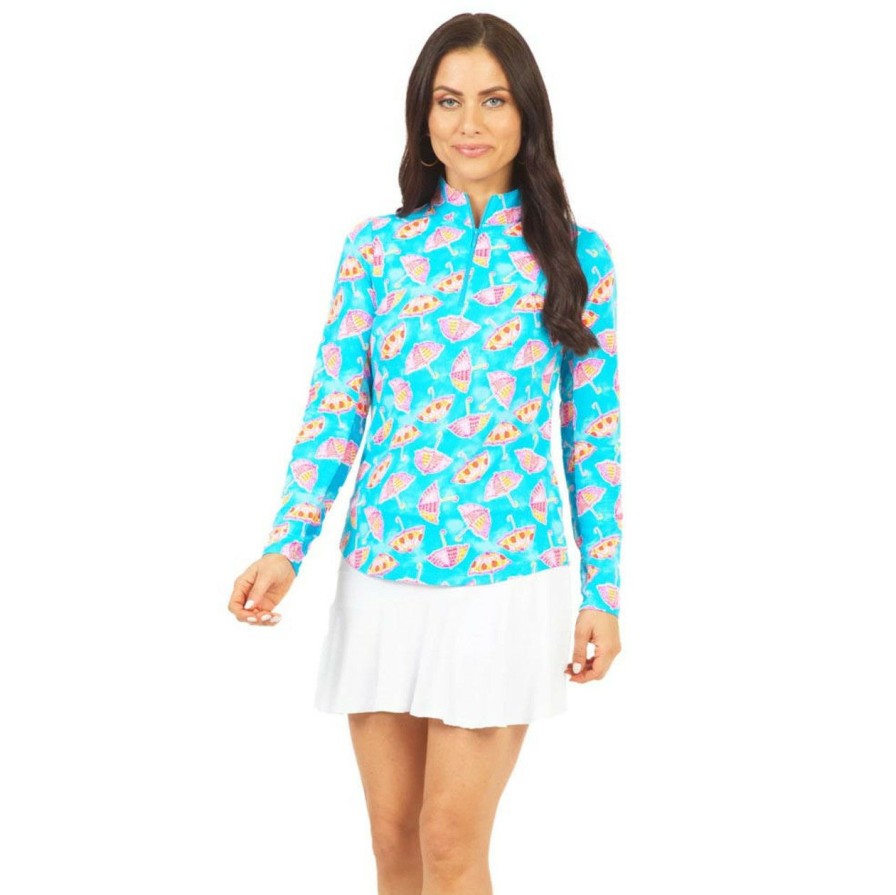 Apparel * | Ibkul Franny Print Long Sleeve Mock Neck Turquoise Multi