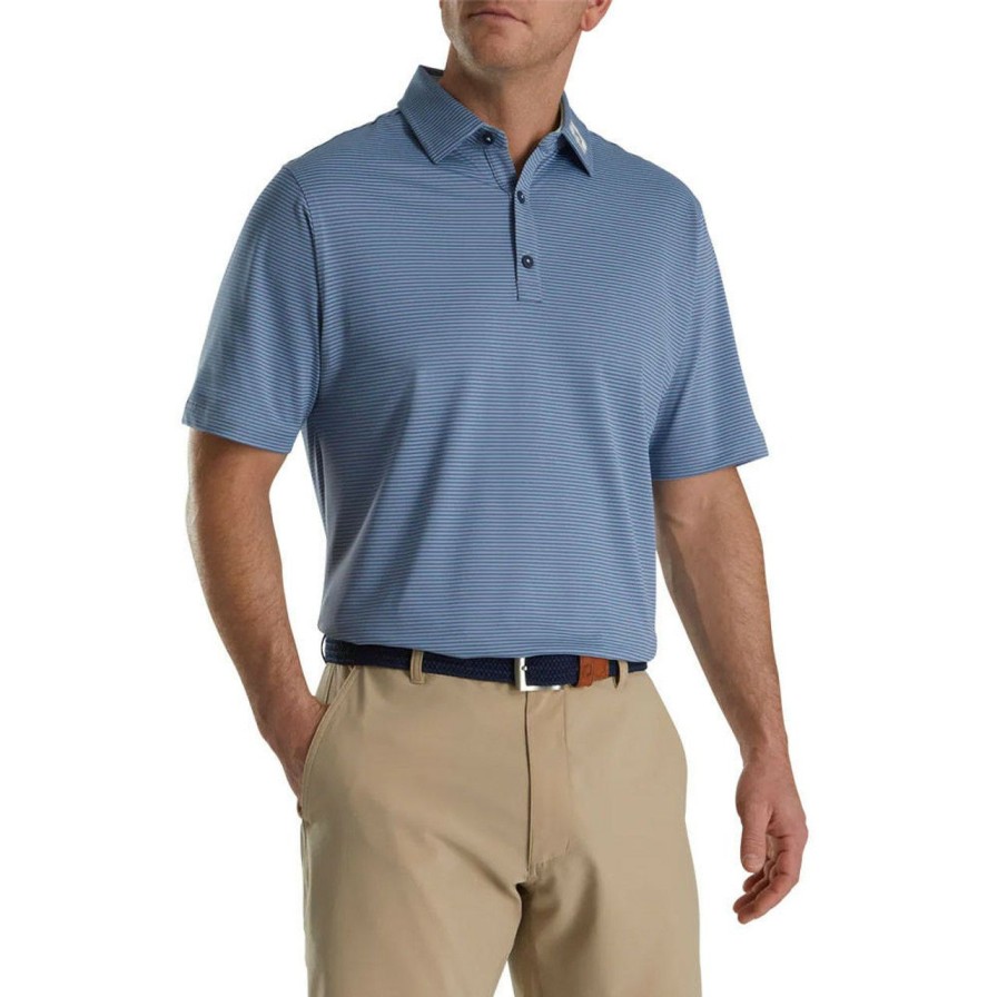 Apparel * | Footjoy Feeder Stripe Mix Stretch Pique Self Collar Polo Fj Logo Bluestone Denim